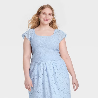 Women's Eyelet Flutter Short Sleeve Blouse - Universal Thread™ Blue 2X | Target