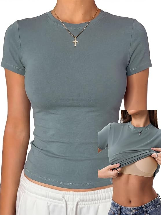 Danysu Womens Tops with Built in Bra Short Sleeve Fitted Crop T Shirt | No See Through, Bra Free,... | Amazon (US)