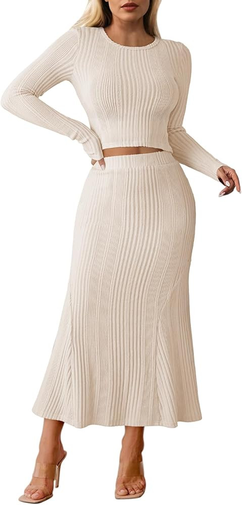 Pink Queen Ribbed Knit 2 Piece Dress Set for Women Fall Long Sleeve Crop Top with High Waist Skir... | Amazon (US)