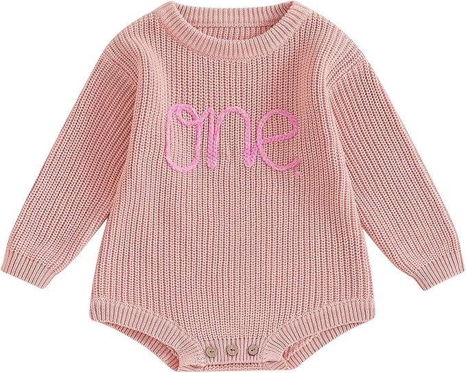 Infant Baby Girl First Birthday Outfit Knit Sweater Romper One Print Oversized Onesie Cute Fall W... | Amazon (US)