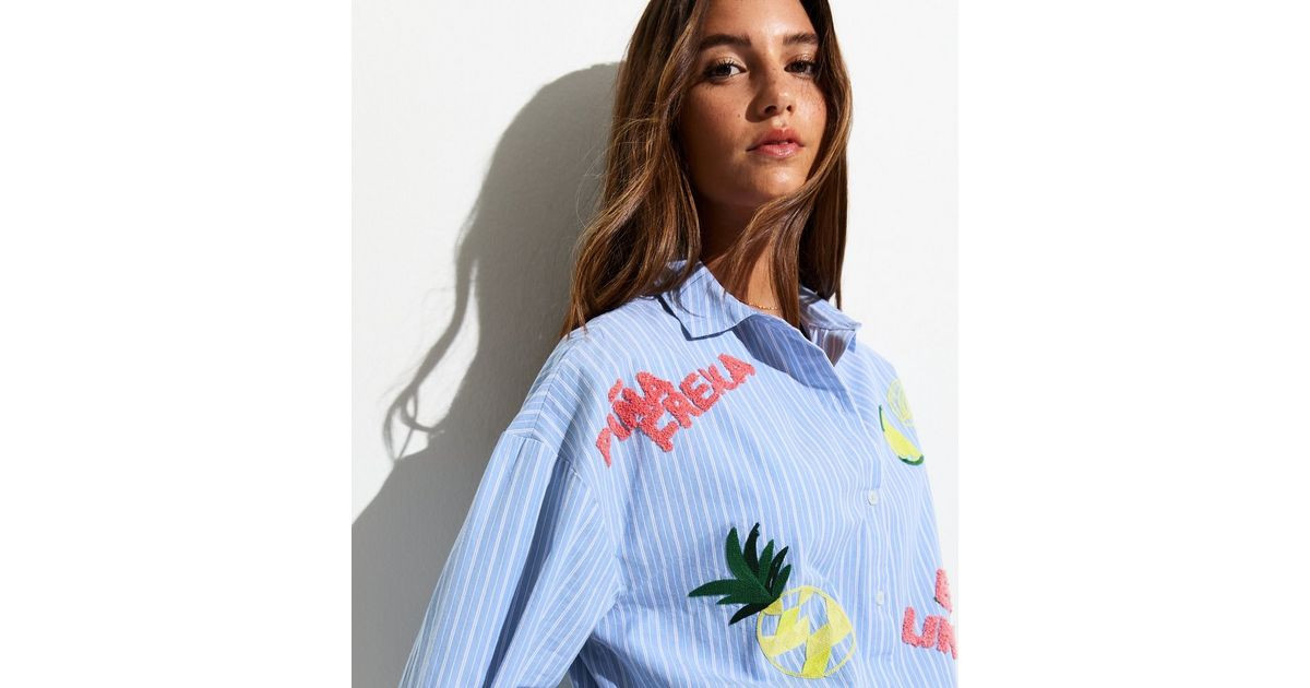 Women's Blue Pina Fresca Stripe Embroidered Shirt New Look | New Look (UK)