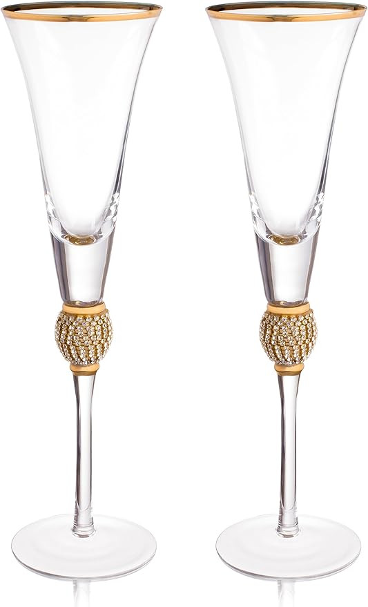 Trinkware Wedding Champagne Flutes - Rhinestone "DIAMOND" Studded Toasting Glasses With Gold Rim ... | Amazon (US)