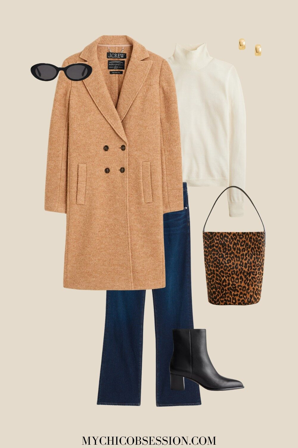 Camel brown is a perfect color to reach for when it comes to styling chic winter outfits! Try pairing a cream turtleneck with a wool camel coat, dark-wash jeans, ankle boots, a leopard print bag, oval sunglasses and gold earrings. 

 #LTKSeasonal