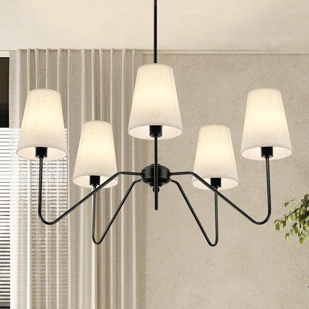 FIYUEOYI 5-Light Modern Chandeliers, Pendant Lights Fixture with Linen Beige Fabric Shade for Liv... | Amazon (US)