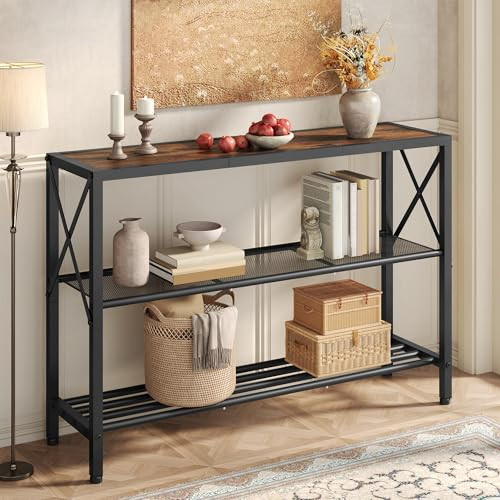 Hoctieon Industrial Console Table, 3 Tier Entryway Table, Hallway Table, Narrow Sofa Table with Shelves, Entrance Table for Entryway, Living Room, Foyer, Hallway, Office, Rustic Brown&Black | Amazon (US)