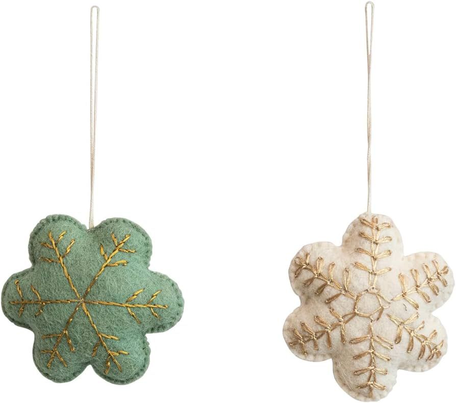 Creative Co-Op Handmade Wool Felt Snowflake Ornament with Gold Metallic Thread Embroidery, Set of... | Amazon (US)