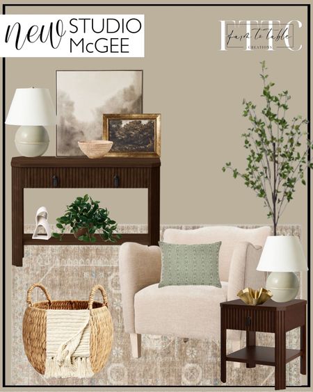 NEW Studio McGee x Target Finds Coming Soon. Follow @farmtotablecreations on Instagram for more inspiration. Releasing December 26th. Wing Arm Accent Chair Velvet Beige. Laguna Nigel Fluted Accent Table Brown. Distressed Persian Woven Area Rug. Laguna Nigel Fluted Wooden Console Table Brown. Large Artificial Trailing Gentian Plant. Medium Ceramic Table Lamp Green. 30"x30" Blurry Treetops Framed Wall Canvas Board. 16"x12" Moody Trees Framed Wall Canvas Board. Ceramic Curved Sculpture. Ceramic Textured Bowl Brown. 72" Ficus Artificial Tree - Threshold. Metal Wavy Bowl Gold. Round Vertical Weave Basket with Handles - Threshold. Checkered Knit with Neps Throw Blanket. Oversized Woven Striped Lumbar Throw Pillow. 
Winter Refresh. Cozy Living Room. Target Finds. Target Home Finds. Affordable Decor. Entryway Decor. Entryway Bench. Entryway Rug. 

#LTKhome #LTKstyletip #LTKfindsunder50