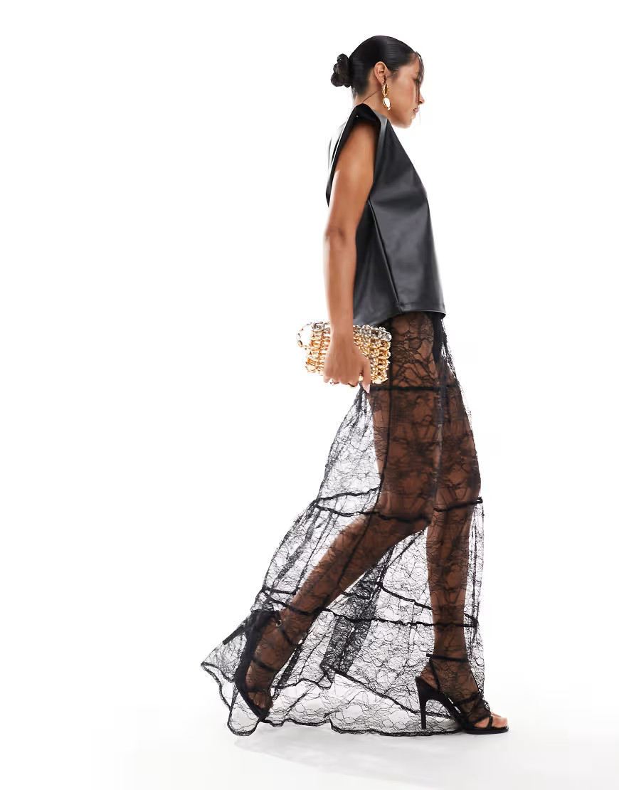 ASOS DESIGN tiered lace maxi skirt in black | ASOS (Global)