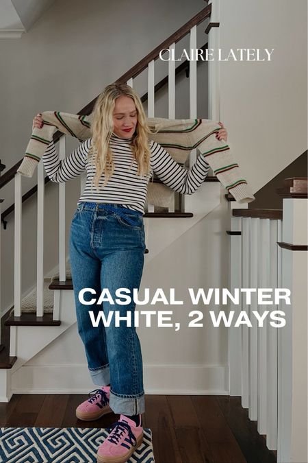 over on CLAIRELATELY.com 👉🏼 2 EASY ways to style a white and navy stripe Turtleneck for weekend casual outfits - one with simple, on trend adidas samba sneakers, wide leg denim, belt, and hoop earrings. The other by adding warmth with a cream sweater, draped or worn with the sleeves pulled up.
❤️ Claire Lately 

#LTKstyletip #LTKfindsunder100 #LTKSeasonal