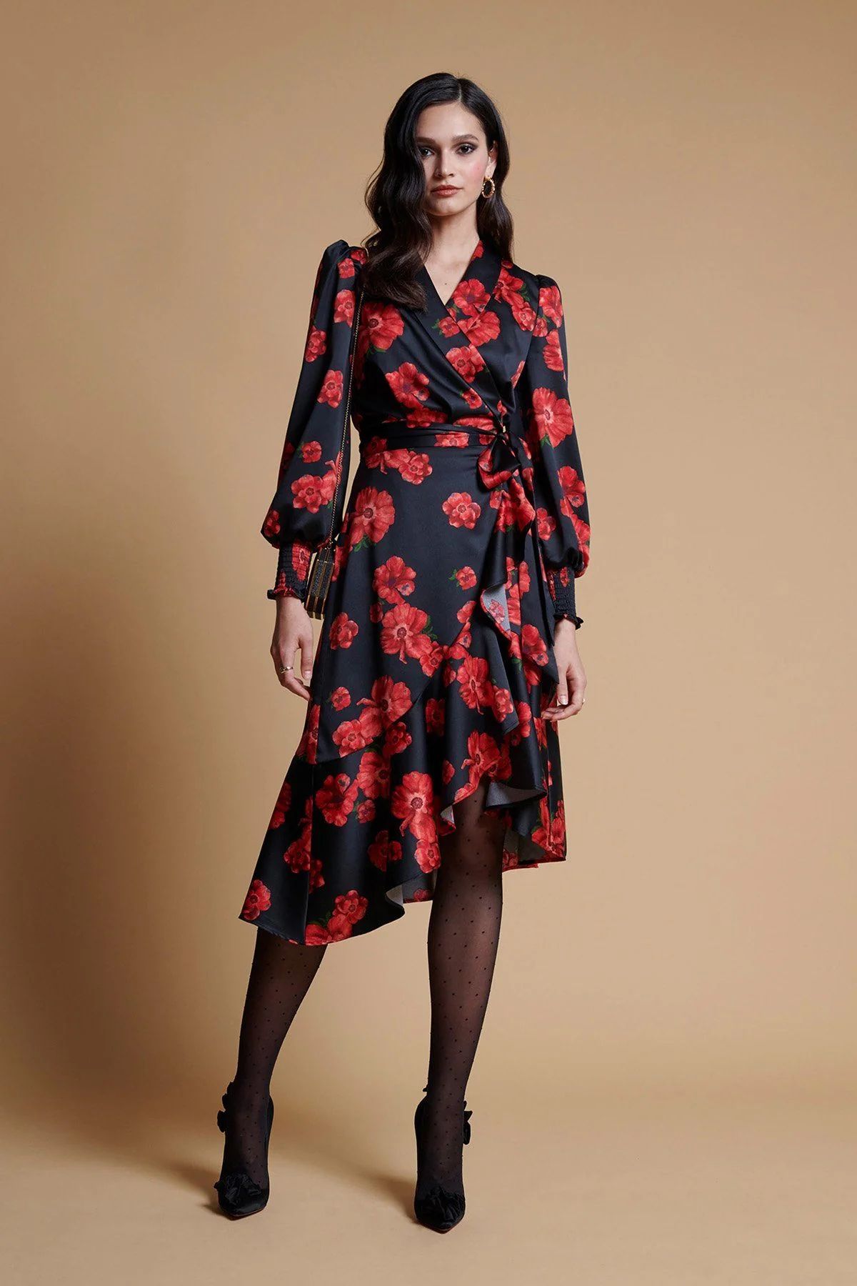 Long Sleeve Satin Wrap Dress - Red & Black Poppy | Rachel Parcell