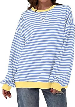 Women Oversized Striped Color Block Long Sleeve Crew Neck Sweatshirt Casual Loose Pullover Y2K Sh... | Amazon (US)