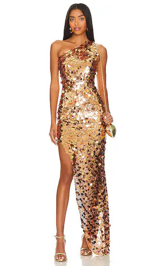 Farah One Shoulder Gown in Gold Sequin Dress Sequin Outfit Ideas Sequin Outfits Outfit Inspo | Revolve Clothing (Global)