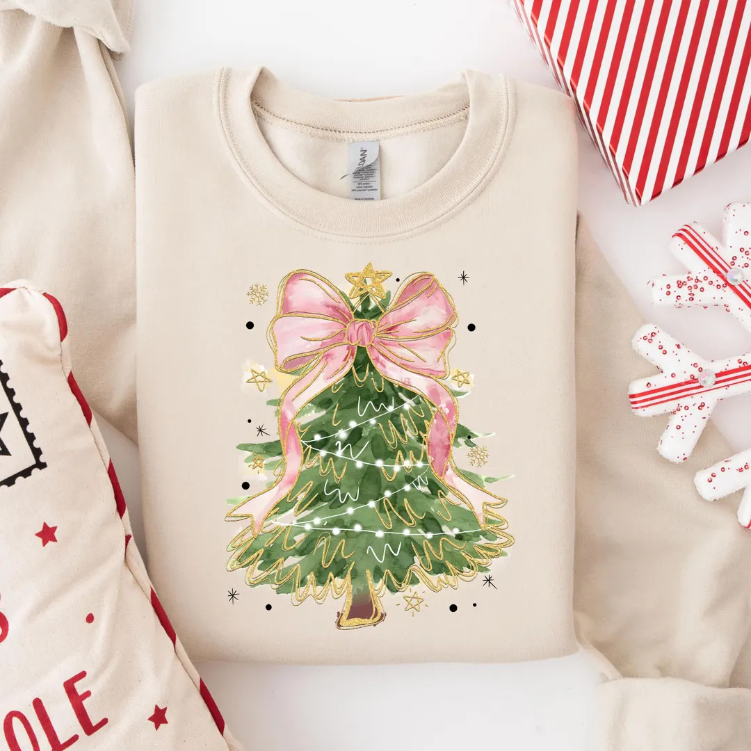 Coquette Christmas Tree Sweatshirt, Pink Christmas Bow Shirts, Pink Christmas Tree T-shirt,pink C... | Etsy (US)