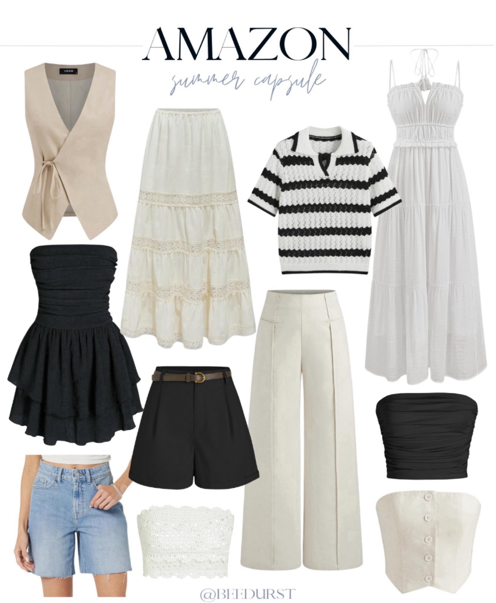 
Affordable and trendy Amazon summer capsule wardrobe, mix and match for tons of cute outfits this summer! Perfect for your next trip! European summer aesthetic, old money aesthetic, linen vest, linen top, linen pants, linen shorts, flowy sundress, strapless top, knit top, collared knit top, denim shorts, tiered maxi skirt, flowy maxi skirt, crochet top, tube top, button front top, mini dress, ruffled mini dress, little black dress, white maxi dress, neutral capsule wardrobe, neutral summer style  #ltkfindsunder100 #ltkseasonal #ltkstyletip


#LTKFindsUnder50 #LTKStyleTip #LTKWorkwear