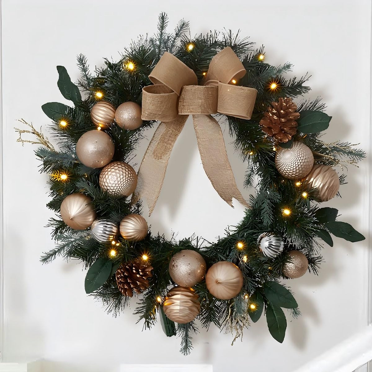 Pre Lit Wreaths 24in Outdoor Christmas Wreaths for Front Door, Gold Christmas Wreath with Lights ... | Amazon (US)