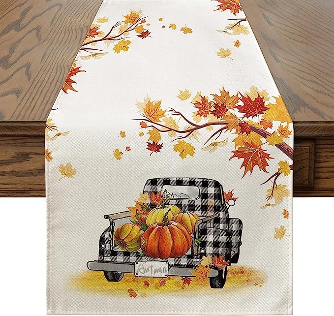 Artoid Mode Maple Leaves Pumpkins Buffalo Plaid Truck Table Runner, Seasonal Fall Harvest Vintage... | Amazon (US)