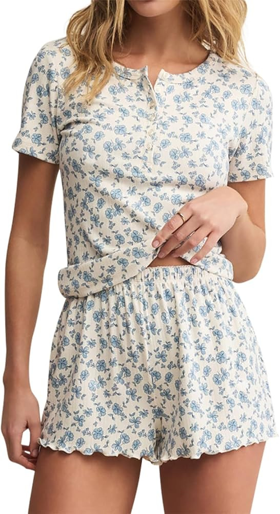 Lacozy Cute Pajama Sets for Women 2 Piece Short Sleeve Floral Print Button Shirt and Short Pj Set... | Amazon (US)