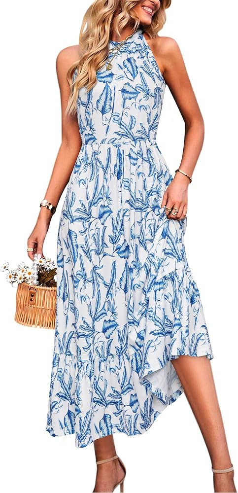 STYLEWORD Women\u2019s 2026 Summer Dress Maxi Vacation Floral Halter Neck Sleeveless Flowy Sundre... | Amazon (US)