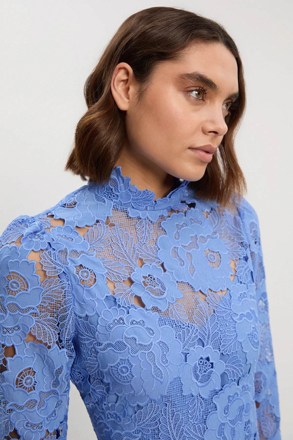Petite Guipure Lace High Neck Woven Mini Dress | Karen Millen