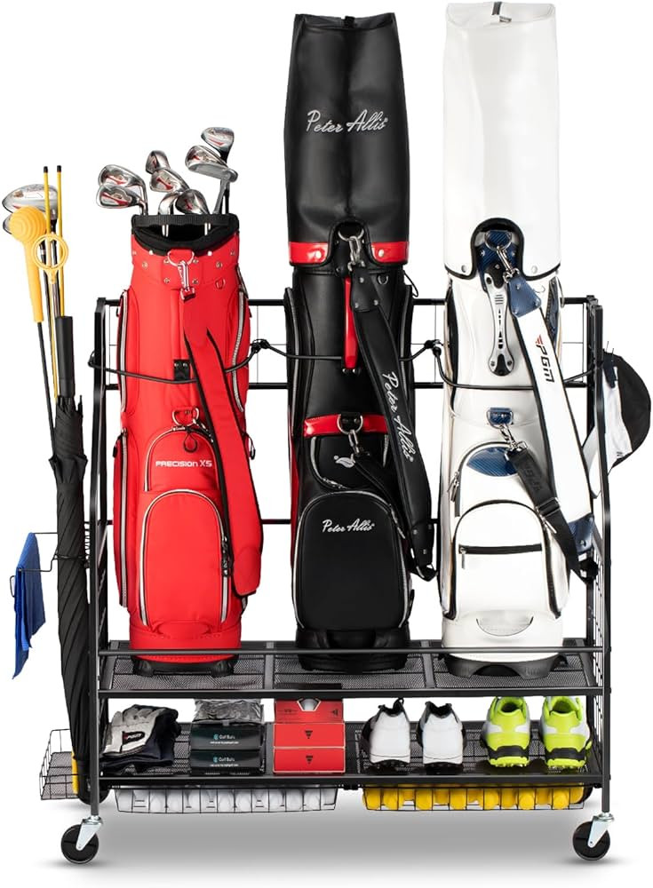 3 Golf Bag Storage Garage Organizer, Golf Bag Stand Fit for 3 Golf Bags, Golf Clubs, Golf Balls, ... | Amazon (US)