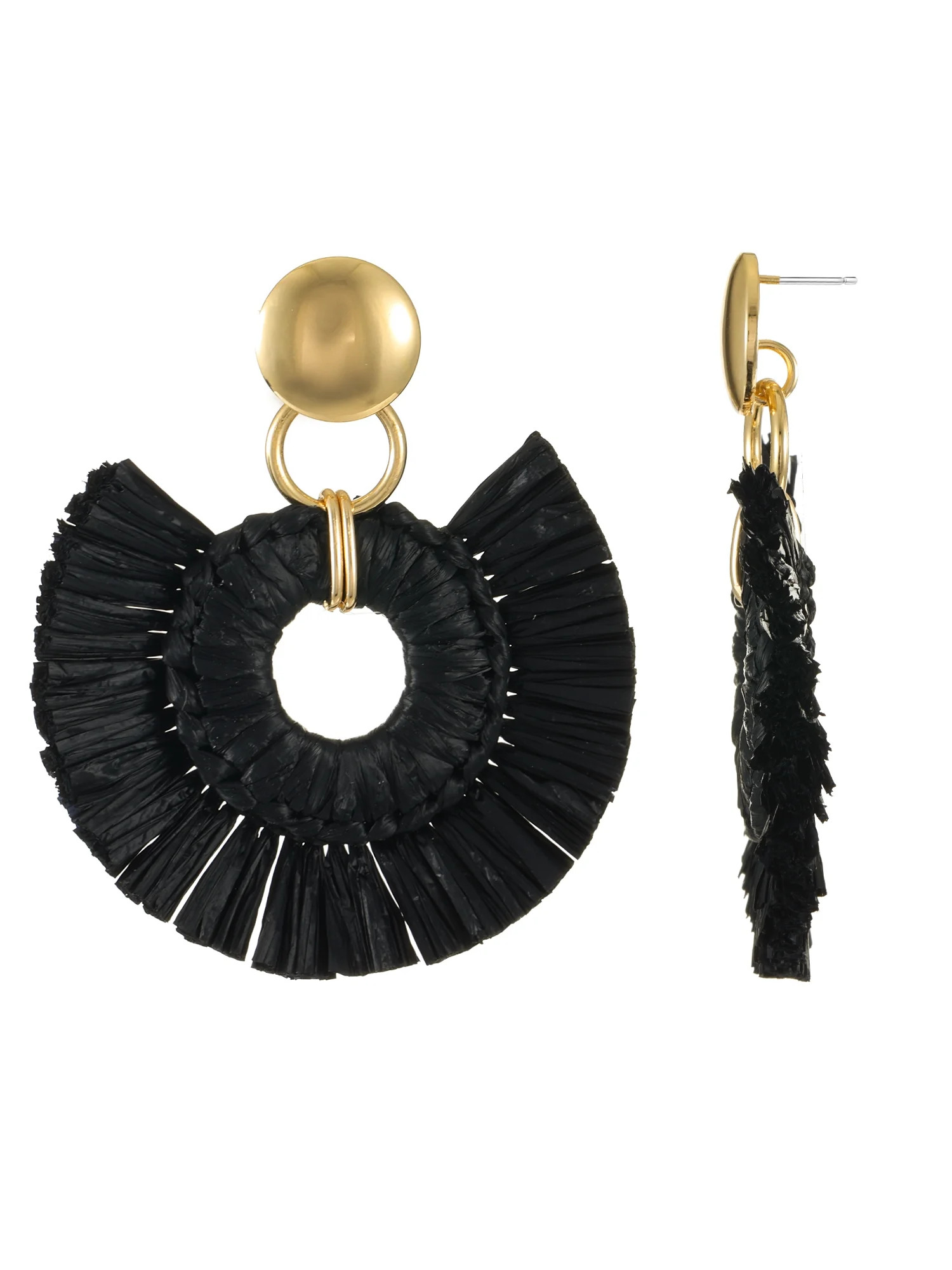 Time and Tru Woven Raffia and Goldtone Earring, Black, 1 Pair | Walmart (US)