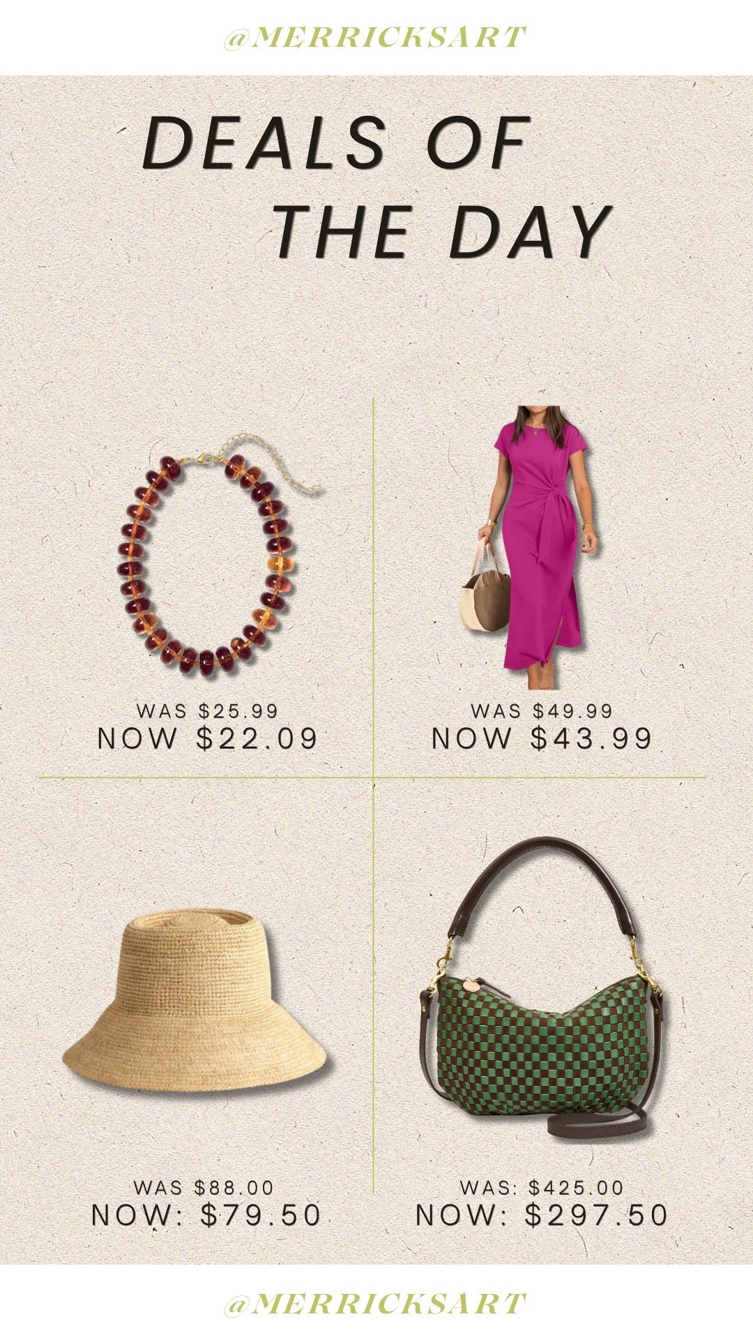 Deals of the day: neutral beaded necklace I love, magenta throw and go dress, the BEST lantern hat, and this incredible designer bag! 🫶