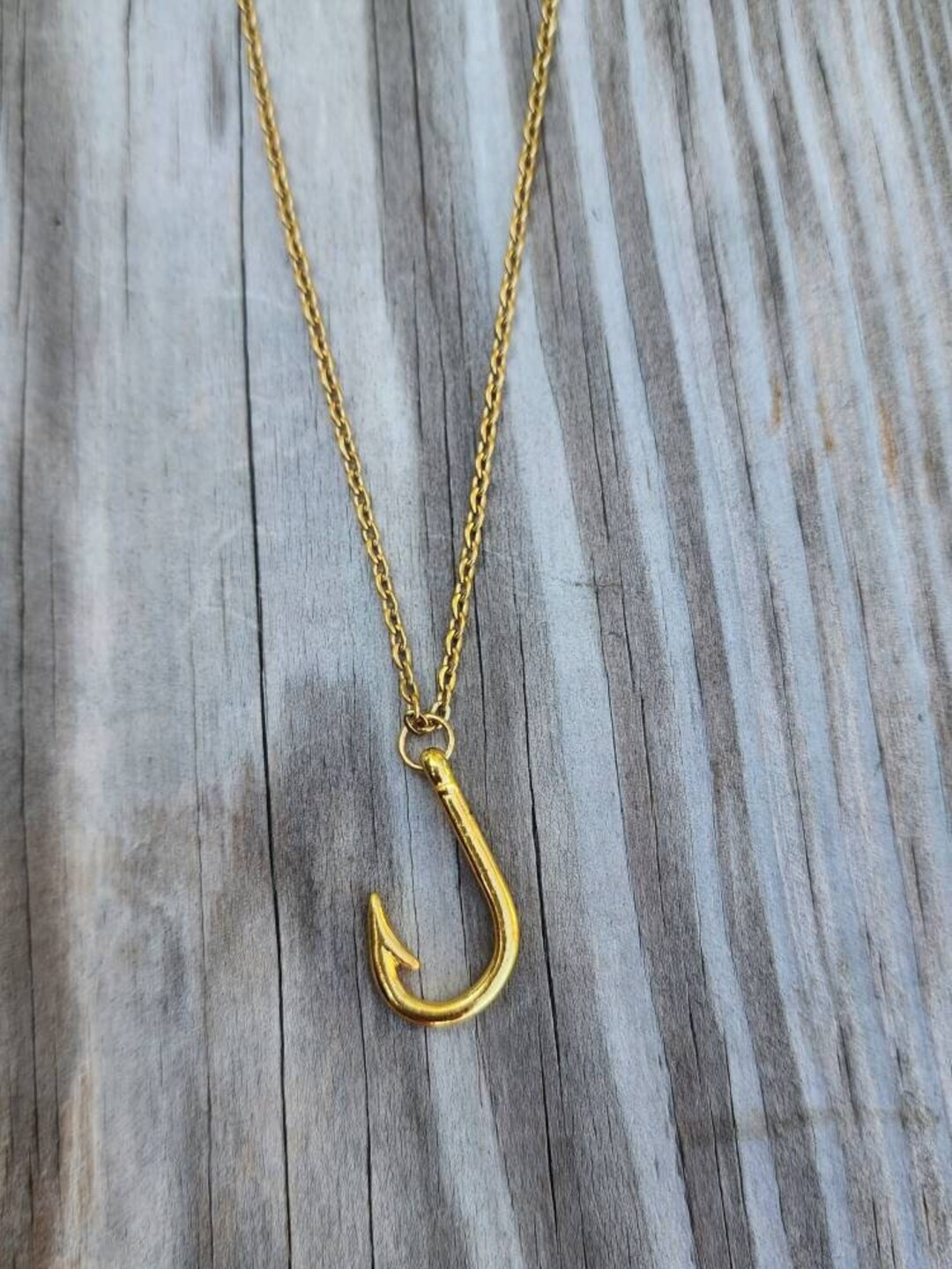 Gold Fishing Fish Hook Necklace on 18" Chain | Etsy (US)