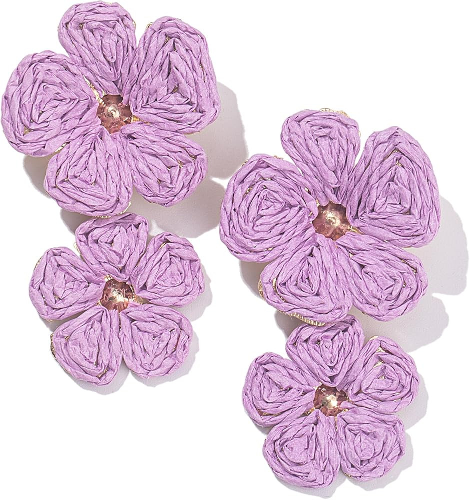 Boho Flower Earrings Statement Raffia Dangle Earrings Cute Floral Jewelry Trendy Summer Beach Vac... | Amazon (US)