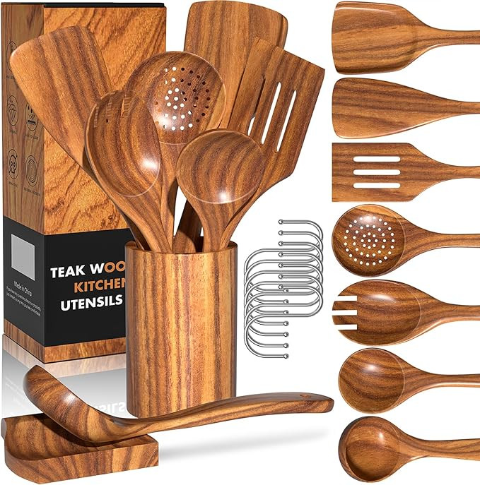 Natural Teak Kitchen Cooking Utensil Set with Holder, Wooden Spoons for Cooking, 10PCS Cooking Sp... | Amazon (US)