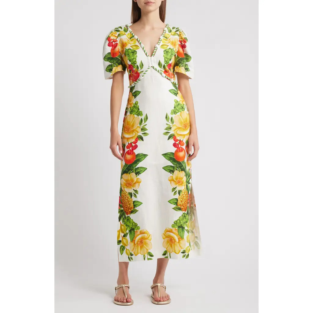 FARM Rio Picnic Flowers Linen Maxi Dress in Off-White at Nordstrom, Size Large | Nordstrom