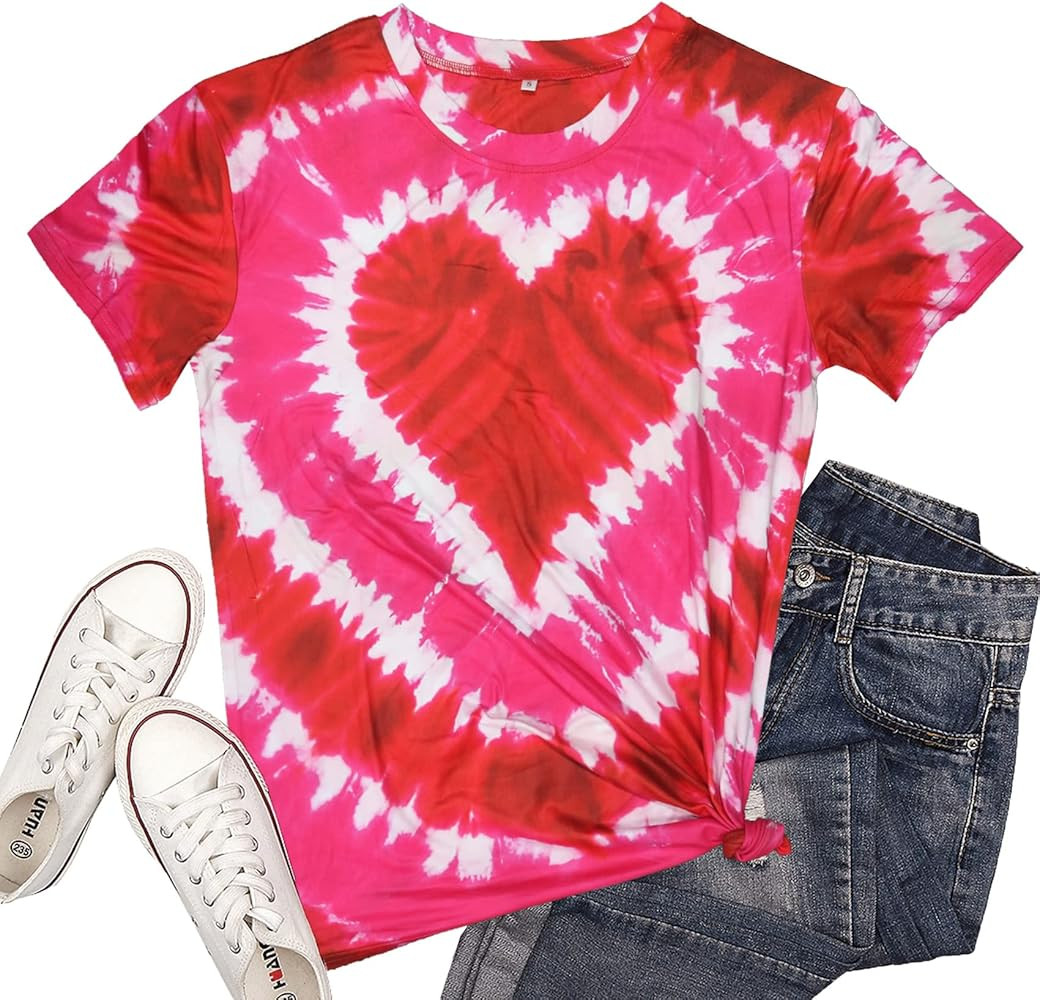 Valentine's Day T Shirts for Women Cute Heart Print Graphic Tees Casual Short Sleeve Top | Amazon (US)