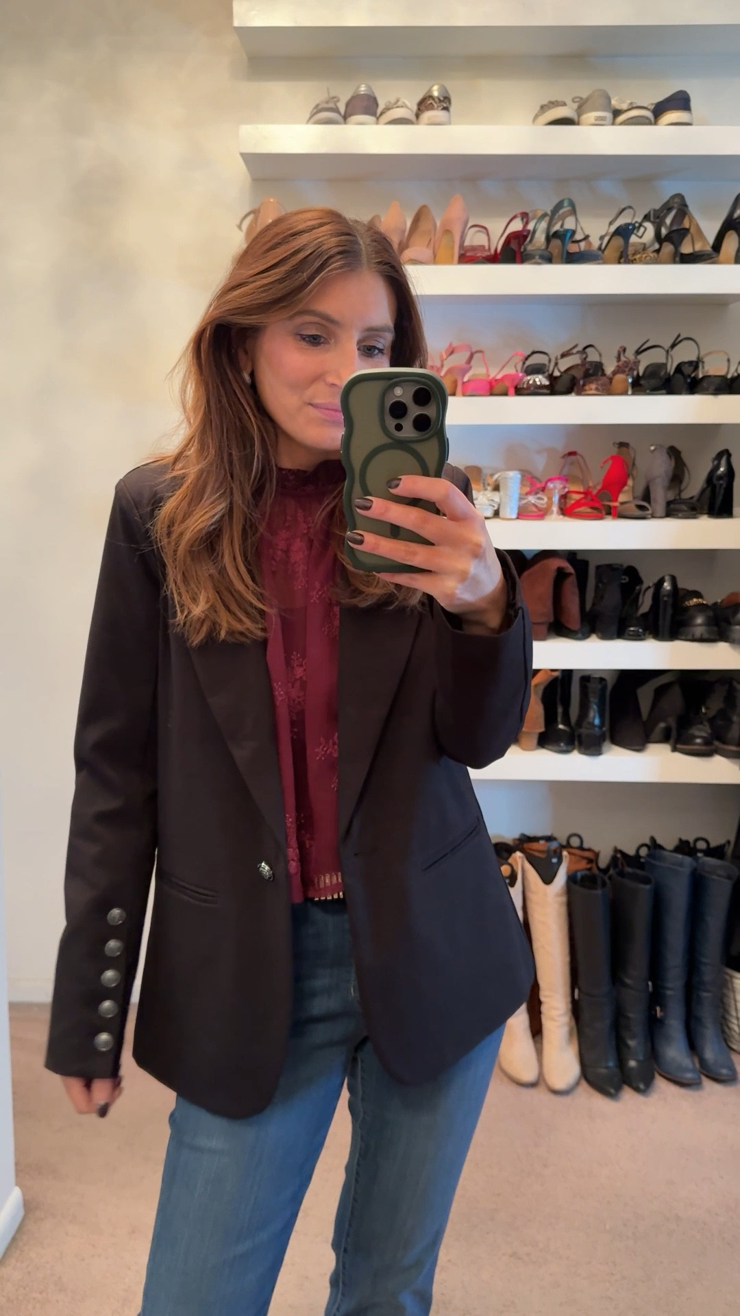 What I wore to brunch on a rainy spring Sunday! Classic black blazer, burgundy lace top, cigarette jeans, straight leg jeans, burgundy ankle boots, gold earrings, easy outfit, casual workwear outfit 

#LTKootd #LTKSaleAlert #LTKWorkwear