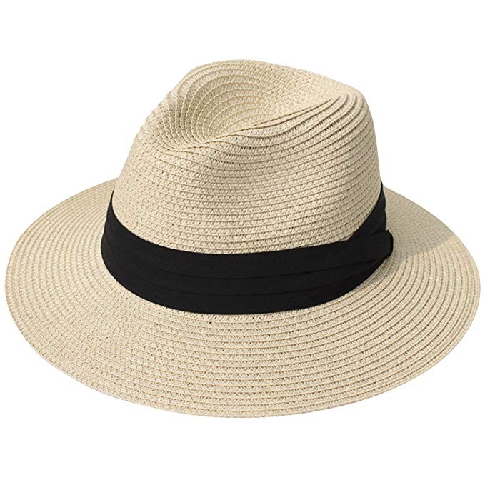 Lanzom Women Wide Brim Straw Panama Roll up Hat Fedora Beach Sun Hat UPF50+ | Amazon (US)