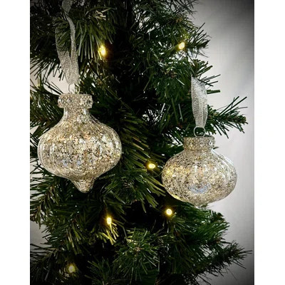 Set of 2 Icy Silver Glitter Ornaments that sparkle with Gold and are embellished with beautiful Diamond Crystal Toppers. | Wayfair North America