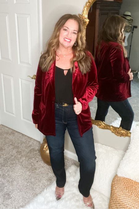 News alert……You can still wear velvet in February! 

It is a great way to extend the wear of festive looksin your wardrobe.

Tip: Their are major markdowns on velvet and sequins garments this tine of year.

A Rich merlot blazer is fabulous for Date night look.  You can keep it simple with a black camisole and dark denim.. 

#LTKSeasonal #LTKstyletip #LTKcurves