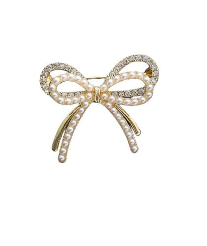 songbowen Bow Knot Brooch Rhinestones Pearl Bow Lapel Pin Alloy Pearl Brooch Satin Ribbon Bow Badge Women's Dress Shawl Sweater Decoration | Amazon (US)