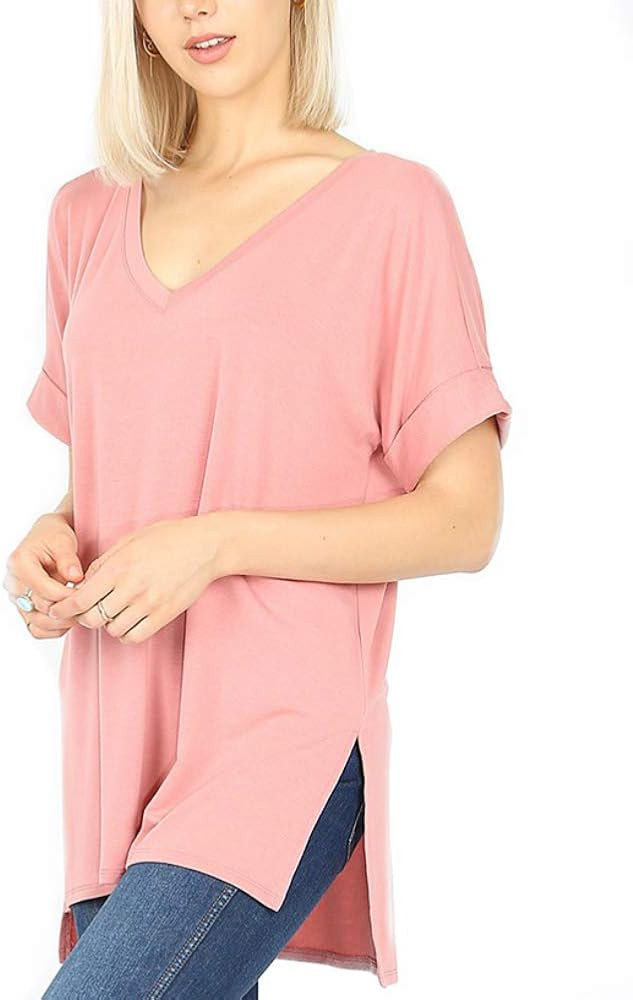 Zenana Regular and Plus Size Premium Rolled Short Sleeve Side Slit Top | Amazon (US)