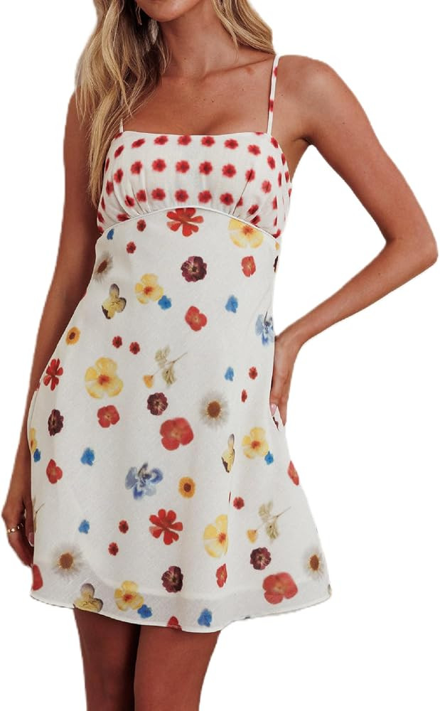 Women Boho Graffiti Cami Mini Dress Spaghetti Strap Printed A Line Short Dress Cute Colorful Sund... | Amazon (US)