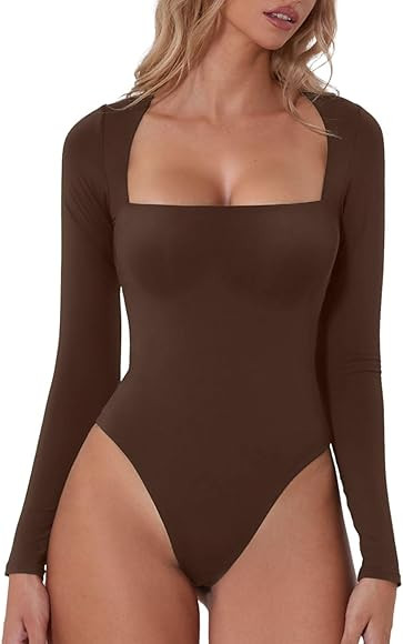 QINSEN Women's Sexy Square Neck Bodysuit Long Sleeve Double Shirt Tops | Amazon (US)