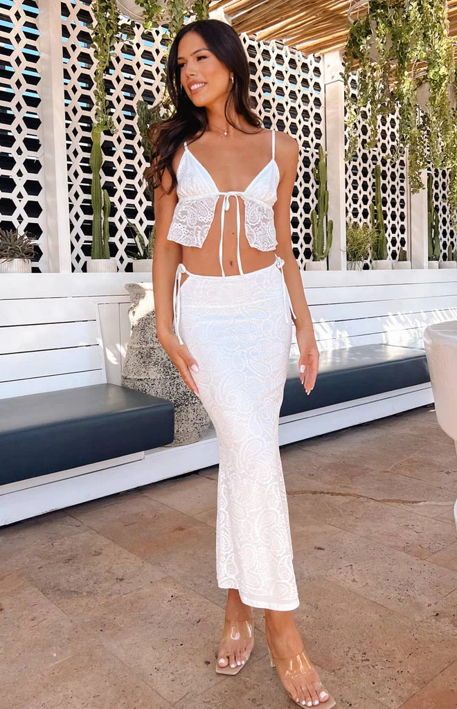 Alexia White Lace Tie Up Maxi Skirt | Beginning Boutique (AU)