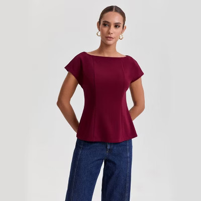 Women's Short Sleeve Waisted Peplum Hem Top - A New Day™ Wine Red | Target
