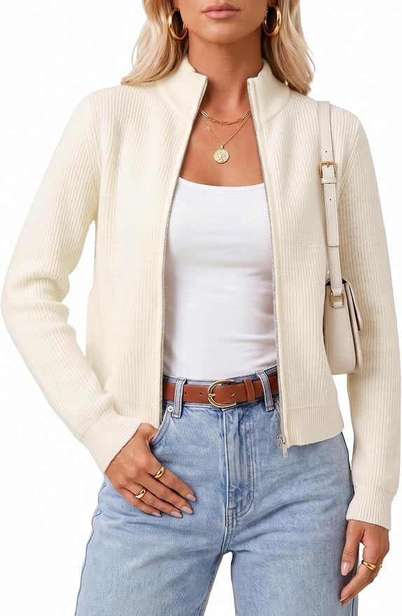 Arach&Cloz Women's Wool Blend Mock Neck Zip Up Fall Work Cardigan Sweaters | Amazon (US)