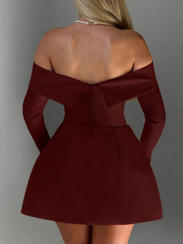 INAWLY Women Elegant Off-Shoulder Long Sleeve Pocket Casual Simple Mini Dress, For Valentine Day,... | SHEIN