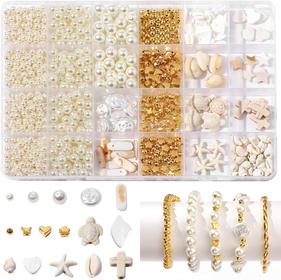 1000Pcs Pearl Beads for Bracelets Making -4mm 6mm White Pearl Beads with Gold Spacer Bead & Shell... | Amazon (US)