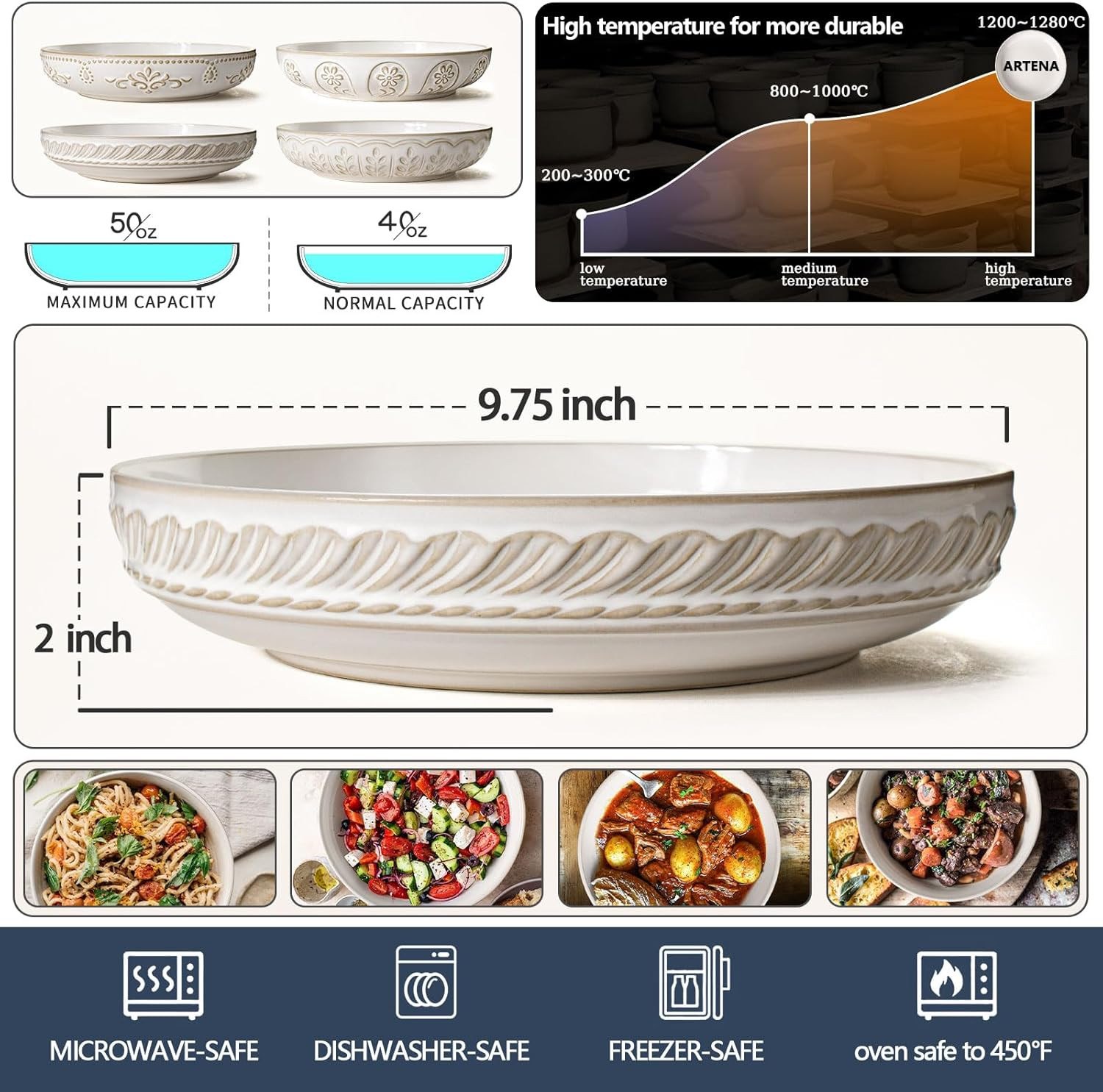 Artena Pasta Bowls, 50oz Large Salad Serving Bowls, 9.75'' Plates Bowls Set of 4, Big White Ceram... | Amazon (US)