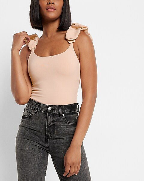 Ruched Puff Strap Scoop Neck Thong Bodysuit | Express