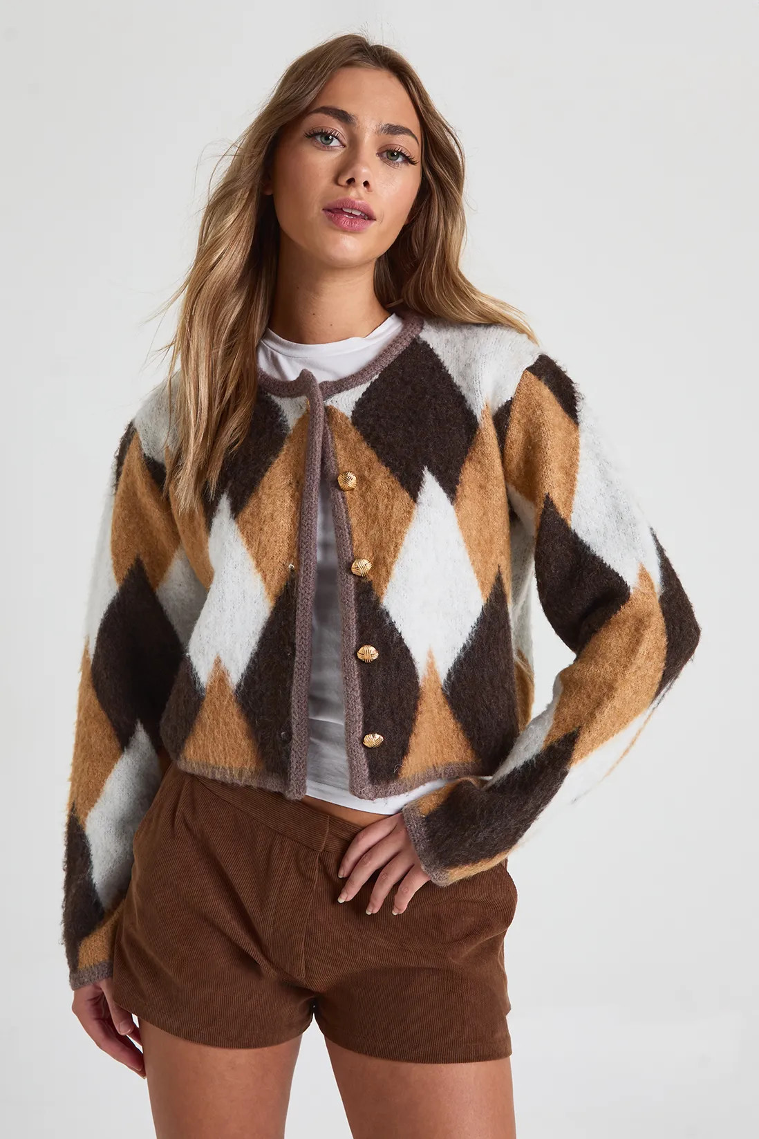 Chunky Knit Brushed Argyle Cardigan | Boohoo.com (UK & IE)