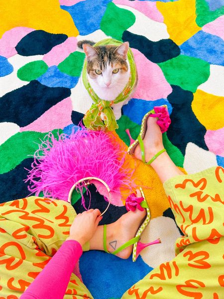 my little fashionista 🐱✨💖

Champagne wears green and pink heels with a pink feather, gold purse and green and orange overalls. Pony wears a green and orange scarf. Multicolored IKEA rug. 

Dopamine dressing maximalist Maximalism colorful vibrant rainbow home decor shoe selfie shoes. Pet cat animals cute. 

#LTKstyletip #LTKshoecrush #LTKHoliday