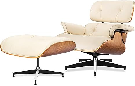 Mid Century Lounge Chair and Ottoman, Modern Chair Classic Design, Top Grain Cream Leather Walnut... | Amazon (US)