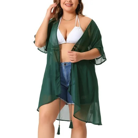 Unique Bargains Women s Plus Size Bikini Cover Up Tie Waist Kimono Top 4X Dark Green | Walmart (US)